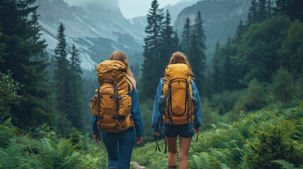 Wall Mural - back view of two young people climbing a mountain