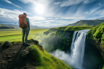 Wall Mural - Male hiker with heavy backpack admiring scenic view of majestic waterfall. Breathtaking Icelandic nature. Hiking by foot.
