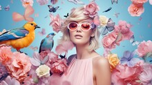 Art Collage Of Woman With Flowers, Birds And Butterflies In Pastel Color