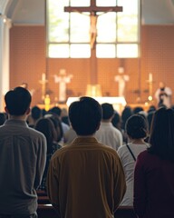 Wall Mural - Capturing divine moments: church worship concept Christians, raised hands, earnestly pray and worship to cross in the sacred ambiance of a church building, expressing faith and spiritual connection.