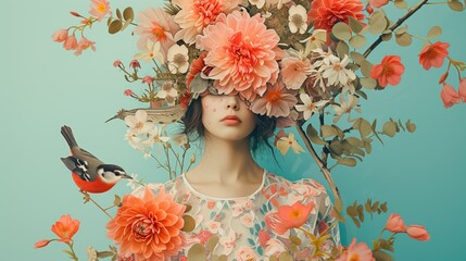 art collage portrait of young woman with flowers on face hides her eyes