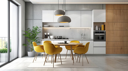 Wall Mural - Modern interior, chic kitchen with wall units, smooth countertops, bright yellow dining chairs and large French window