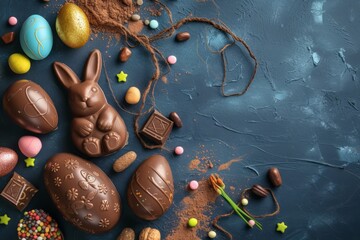 Canvas Print - Chocolate Easter bunny for children with different small sweets nearby for Easter celebration day with copy space