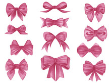 Watercolor Pink Bows Set Isolated On White Background. Hand Drawn Collection Of Illustrations