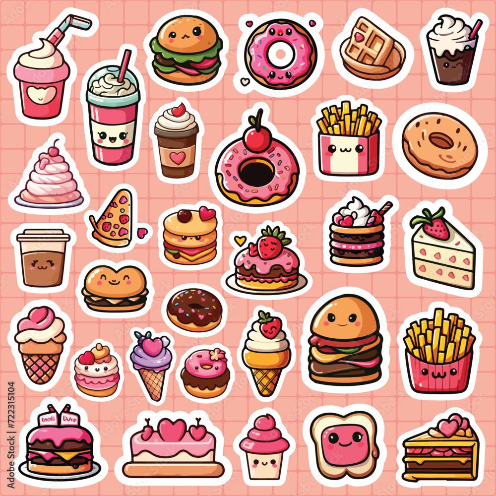 cute food sticker pack printable vector llustration Stock Vector ...