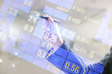 Poster - Multi exposure of male hand with pen working with abstract statistics data hologram interface on blurred office background, computing and analytics concept