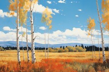 Autumn Landscape With Birch Trees And Yellow Grass Under Blue Sky