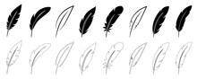 Feather Set Icons, Quill Feather Silhouette, Plumelet Collection, Bird Feather Signs – Vector