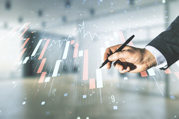 Poster - Double exposure of male hand with pen working with abstract virtual global crisis chart and world map hologram on blurred office background. Financial crisis and recession concept