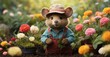 Adorable hybrid gardener Half mouse, half bear, in cute gardening outfit, planting flowers