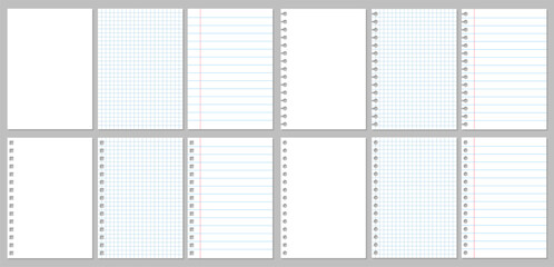 Poster - Realistic paper sheets set, different mockup sheets of paper, torn sheet of paper from a notebook with lines, squares and shadows, notebook or book page - vector