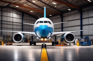 Passenger airplane on maintenance of engine and fuselage check repair in airport hangar. Inside aerospace hangar. Large passenger aircraft on service in an aviation hangar