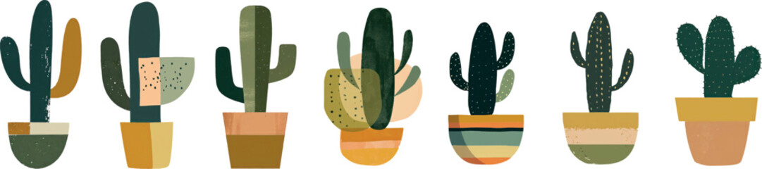 Wall Mural - Set of cactus in a pot. simple flat hand drawn plants Elements illustration