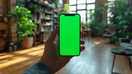 Hand hold cell phone with green screen mock up. Mobile smartphone chroma key template. Cellphone display close up. Business mockup empty blank space. Modern gadget wooden table vertical position.