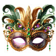 © Abuhena - festival happy mardi gras Carnival elegant golden party face mask with diamond and  feather 3d illustration front view isolated on transparent background