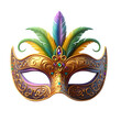 happy mardi gras festival Carnival elegant golden party mask with  diamond feather 3d illustration front view isolated on transparent background