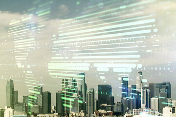 Poster - Abstract creative world map interface on Los Angeles skyline background, international trading concept. Multiexposure