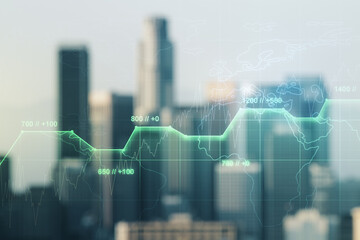 Poster - Abstract virtual analytics data spreadsheet on blurry skyscrapers background, analytics and analysis concept. Multiexposure