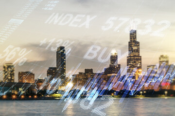 Poster - Multi exposure of virtual abstract financial graph interface on Chicago cityscape background, financial and trading concept