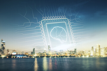 Poster - Virtual creative artificial Intelligence hologram with human brain sketch on Chicago skyline background. Multiexposure
