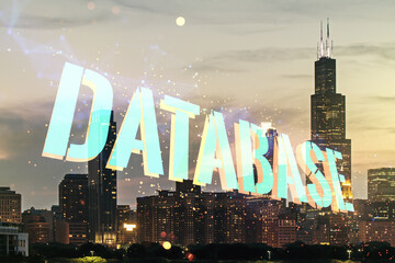Aufkleber - Double exposure of Database word sign on Chicago city skyline background, global research and analytics concept