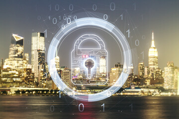 Poster - Virtual creative lock symbol and microcircuit illustration on New York city skyline background. Protection and firewall concept. Multiexposure