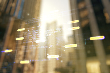 Poster - Abstract virtual coding concept on office buildings background. Multiexposure