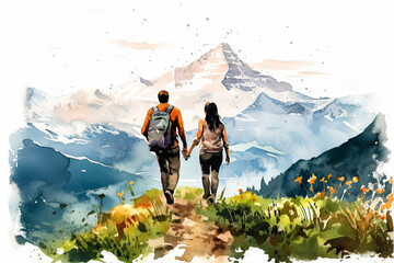 Wall Mural - Experience the serenity of love with a watercolor illustration depicting a couple in the mountains.