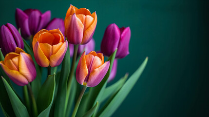 Wall Mural - Spring Background With Tulips Flowers in Decoration And Copy Space Against A Green Background. Spring  Background Template And Mockup