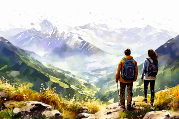 Wall Mural - Experience the serenity of love with a watercolor illustration depicting a couple in the mountains.