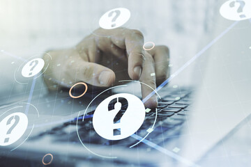 Aufkleber - Creative concept of question mark illustration and hands typing on laptop on background. FAQ and search concept. Multiexposure