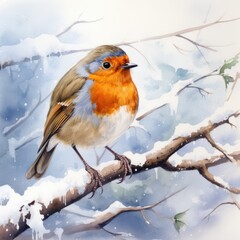 Watercolour of a robin redbreast bird in the winter snow