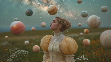 woman in harmony with celestial orbs, embodying cosmic balance. suitable for themes of astrology, me