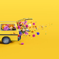 Wall Mural - Yellow van full of colorful spring flowers on yellow background. 3D Rendering, 3D Illustration