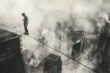 Man tightrope walking above a foggy cityscape, a metaphor for risk. Ideal for motivational themes and conceptual art. - a concept of balance.