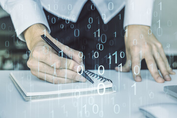 Aufkleber - Creative abstract binary code hologram and hand writing in diary on background with laptop, AI and machine learning concept. Multiexposure