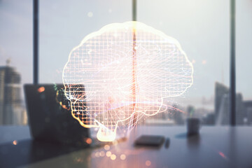 Poster - double exposure of creative human brain microcircuit and modern desk with computer on background. fu