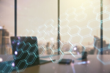 Aufkleber - Creative abstract technology sketch with hexagon grid and modern desk with computer on background, future technology and AI concept. Double exposure