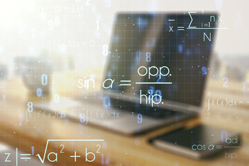 Poster - Creative scientific formula concept and modern desktop with computer on background. Multiexposure