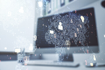 Poster - Double exposure of social network icons concept with world map and modern desktop with laptop on background. Marketing and promotion concept