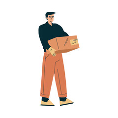 Wall Mural - Logistics Service Man Worker Character Carry Carton Container Vector Illustration