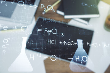 Poster - Double exposure of creative chemistry concept and digital tablet on background, top view, research and development concept