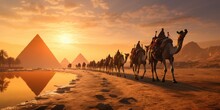 A Caravan Of Camels Rests In The Desert Against The Backdrop Of The Red Sea And High Mountains. Ai Generated