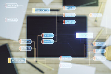 Leinwandbilder - Abstract creative coding concept and modern digital tablet on background, top view. Multiexposure