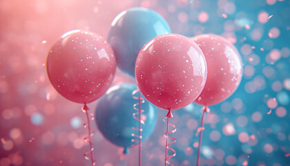Wall Mural - balloons of blue and pink colors on a festive background of confetti, bokeh. Gender party banner
