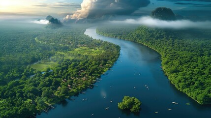 Wall Mural - A large river like the Amazon flows in the plain The valley basin and plain are covered with forest. Generative AI.