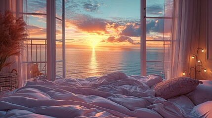 Aufkleber - A bed with views of the sea and a sunset. Generative AI.