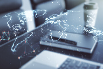 Poster - Multi exposure of abstract graphic world map on computer background, connection and communication concept