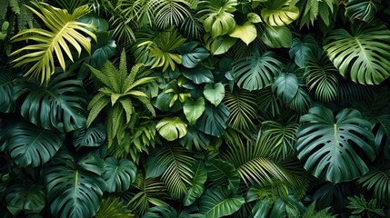 Wall Mural - A backdrop of tropical plants in full green, in the style of moody monotones. Generative AI.