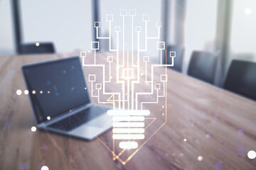 Aufkleber - Creative light bulb with chip hologram on modern laptop background, artificial Intelligence and neural networks concept. Multiexposure